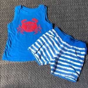rebel Blue Tank and Blue-White Striped Shorts Set with Red Crab